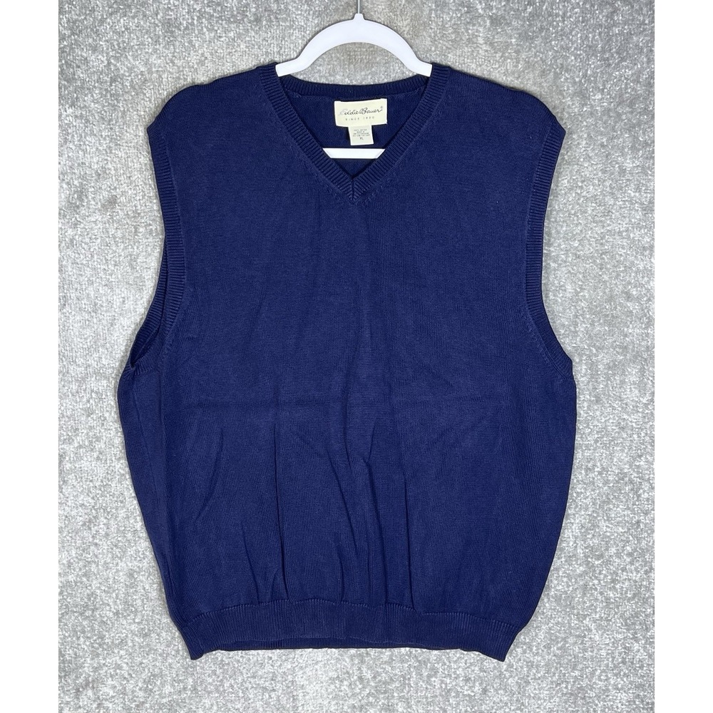 Eddie Bauer Sweater Vest Mens Size XL Navy Blue Cotton Knit V-Neck Pullover